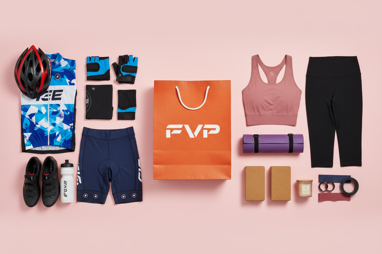 kit et vêtements de cyclisme à gauche, kit et vêtement de yoga à droite et un sac de shoping de couleur orange  sur lequel  il est écrit FVP placé au milieu, le tout sur un fond rose 